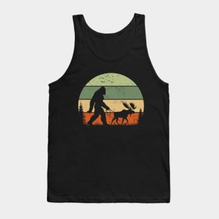 Vintage Bigfoot Walking a Moose Retro Sunset Outdoor Tank Top